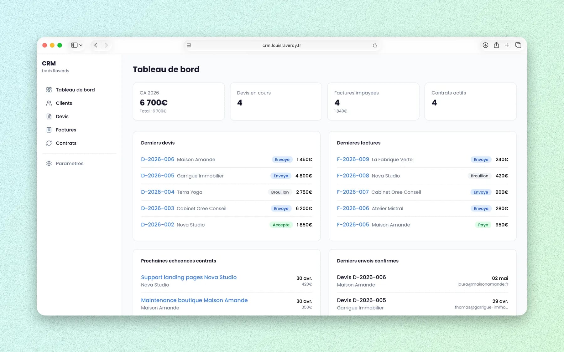 Dashboard du Freelance CRM