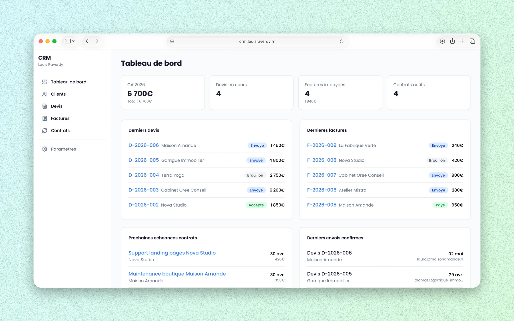 Dashboard du Freelance CRM